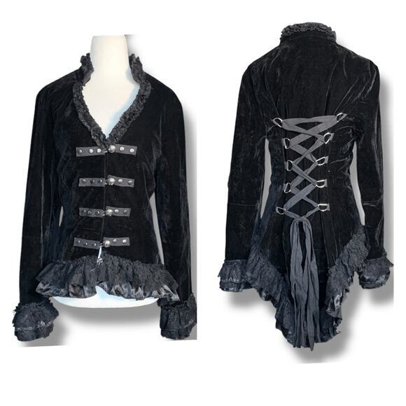 Hearts And Roses Black Velvet Gothic Military Jacket Lace Up Corset Back Sheer 8 - Picture 12 of 12